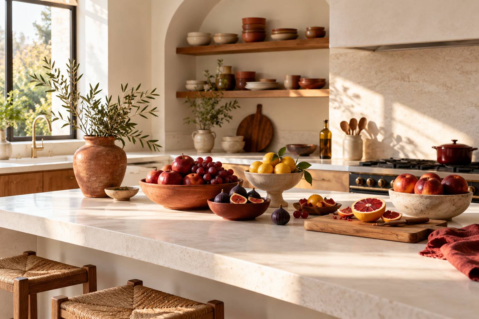 Fruits frais entiers et coupes dans des bols en ceramique sur une planche