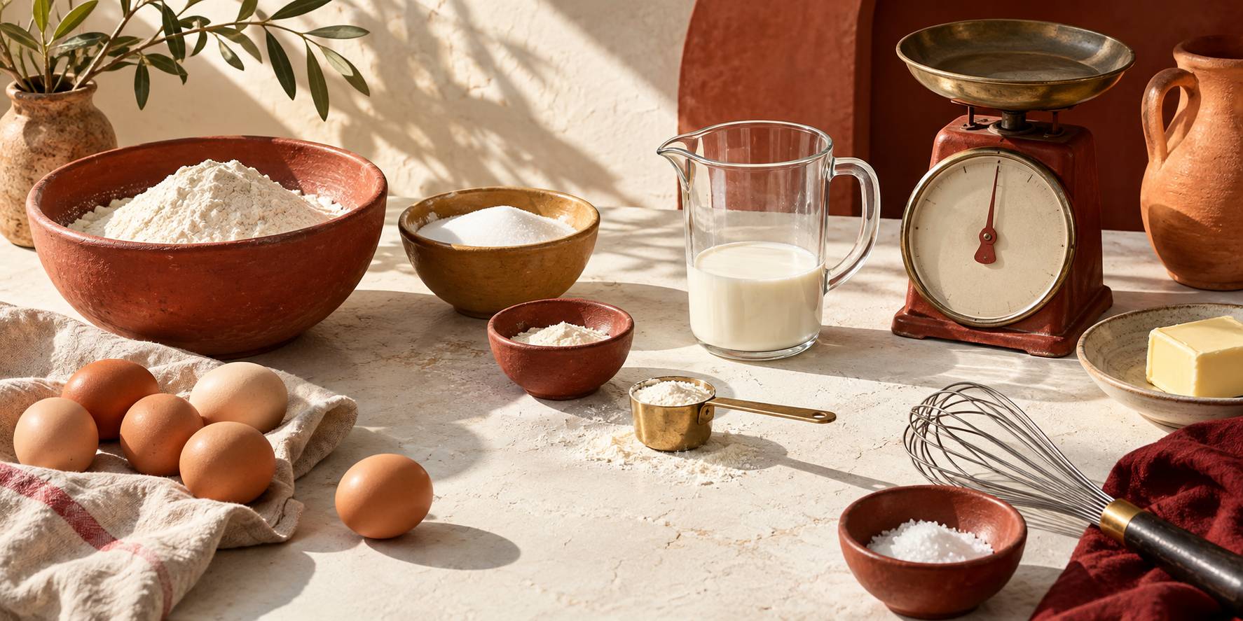 Balance de cuisine, verre doseur et bols de farine alignes sur une table en bois