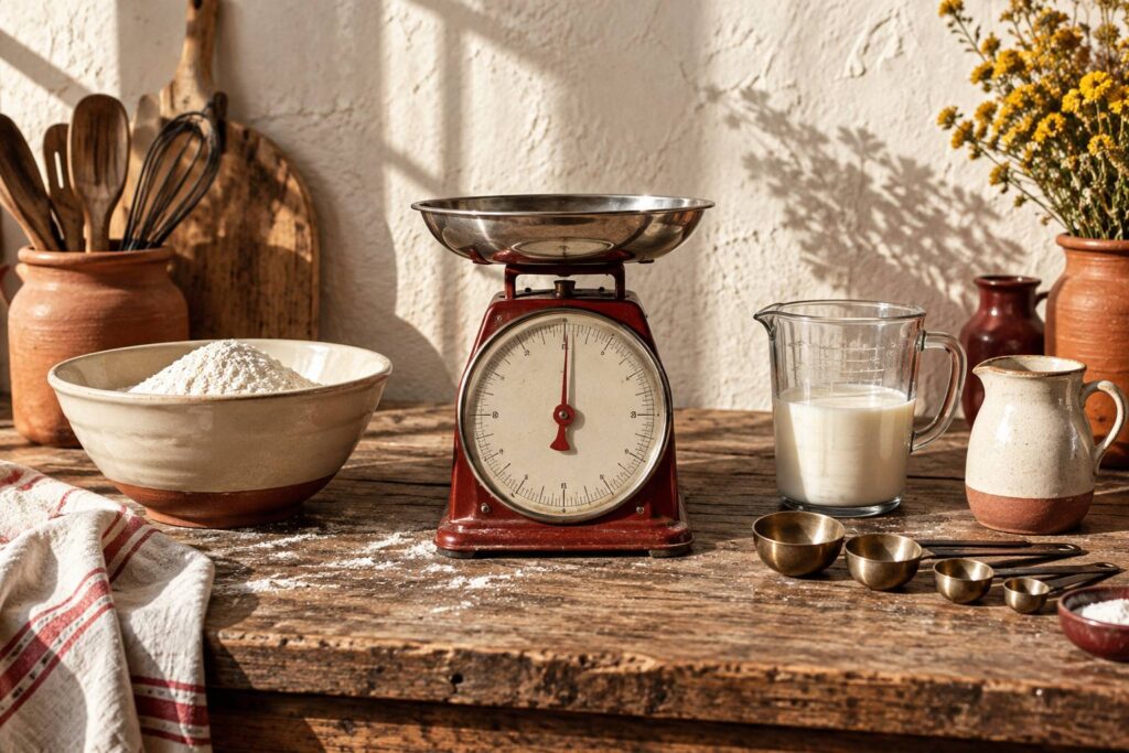 Balance de cuisine, verre doseur et bols de farine alignes sur une table en bois