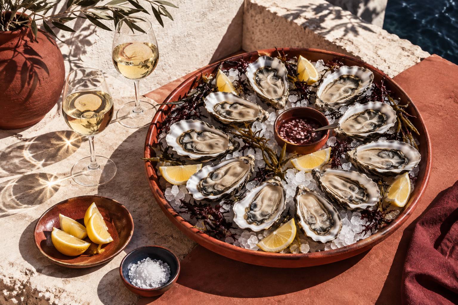 Plateau d'huîtres fraîches sur glace avec citron et verres