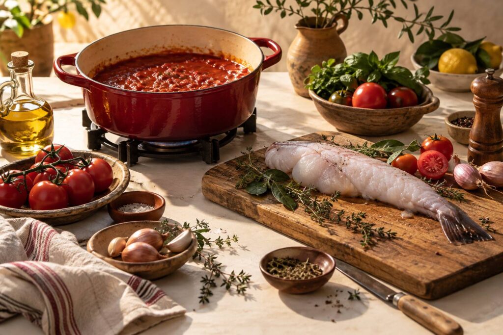 Cocotte en fonte avec sauce tomate réduite et queue de lotte sur une planche