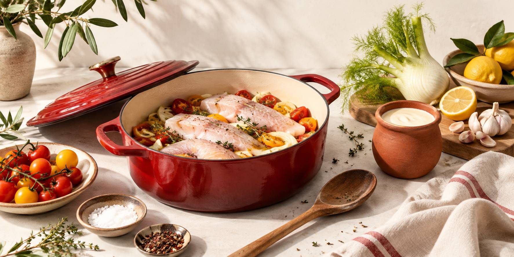 Filets de poisson et cocotte ouverte sur un plan de travail de cuisine