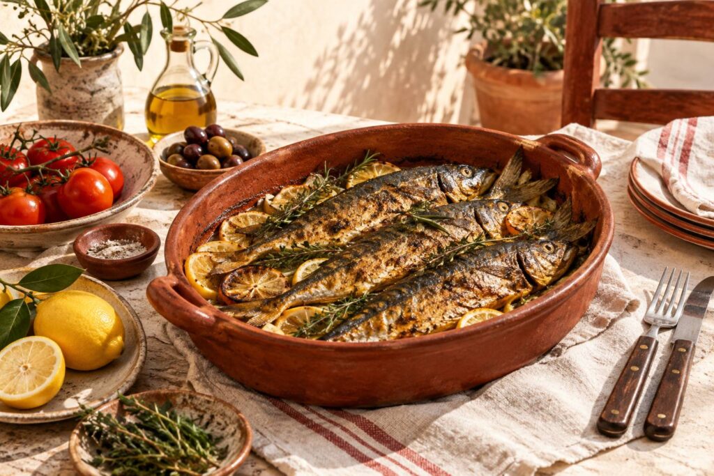 Maquereaux entiers dores au four sur un lit de citron et d'herbes