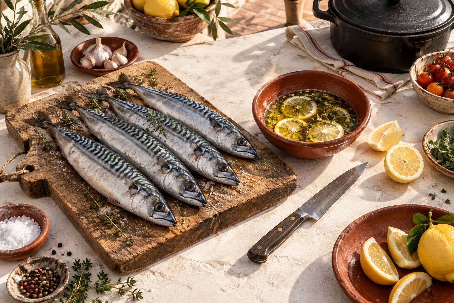 Maquereaux frais et marinade au citron sur un plan de cuisine