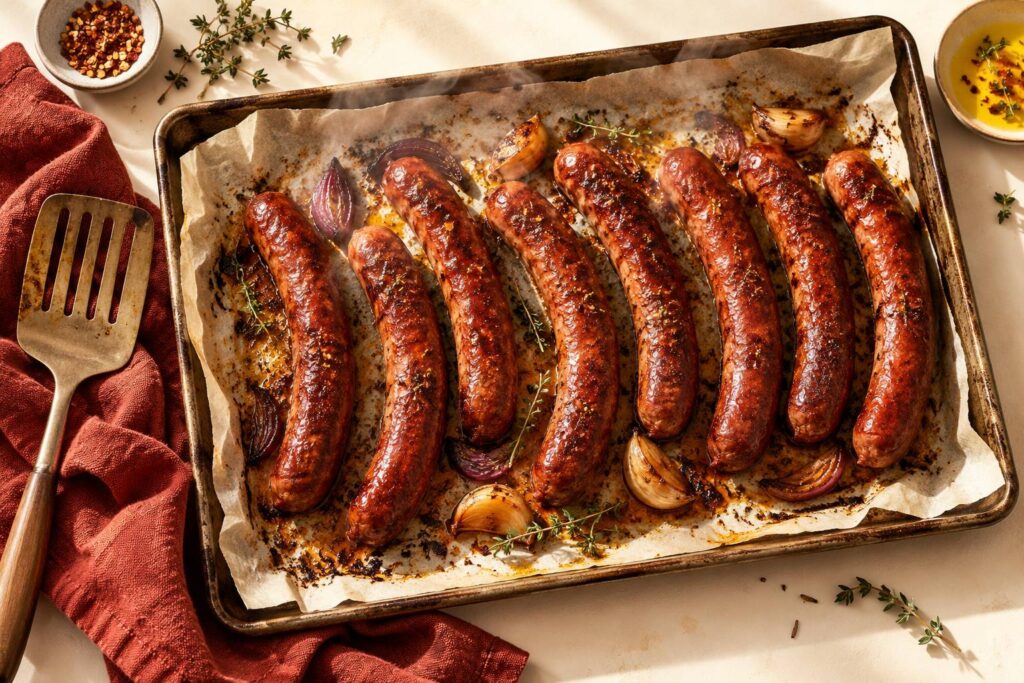 Plaque de merguez dorees alignees sur papier cuisson au four