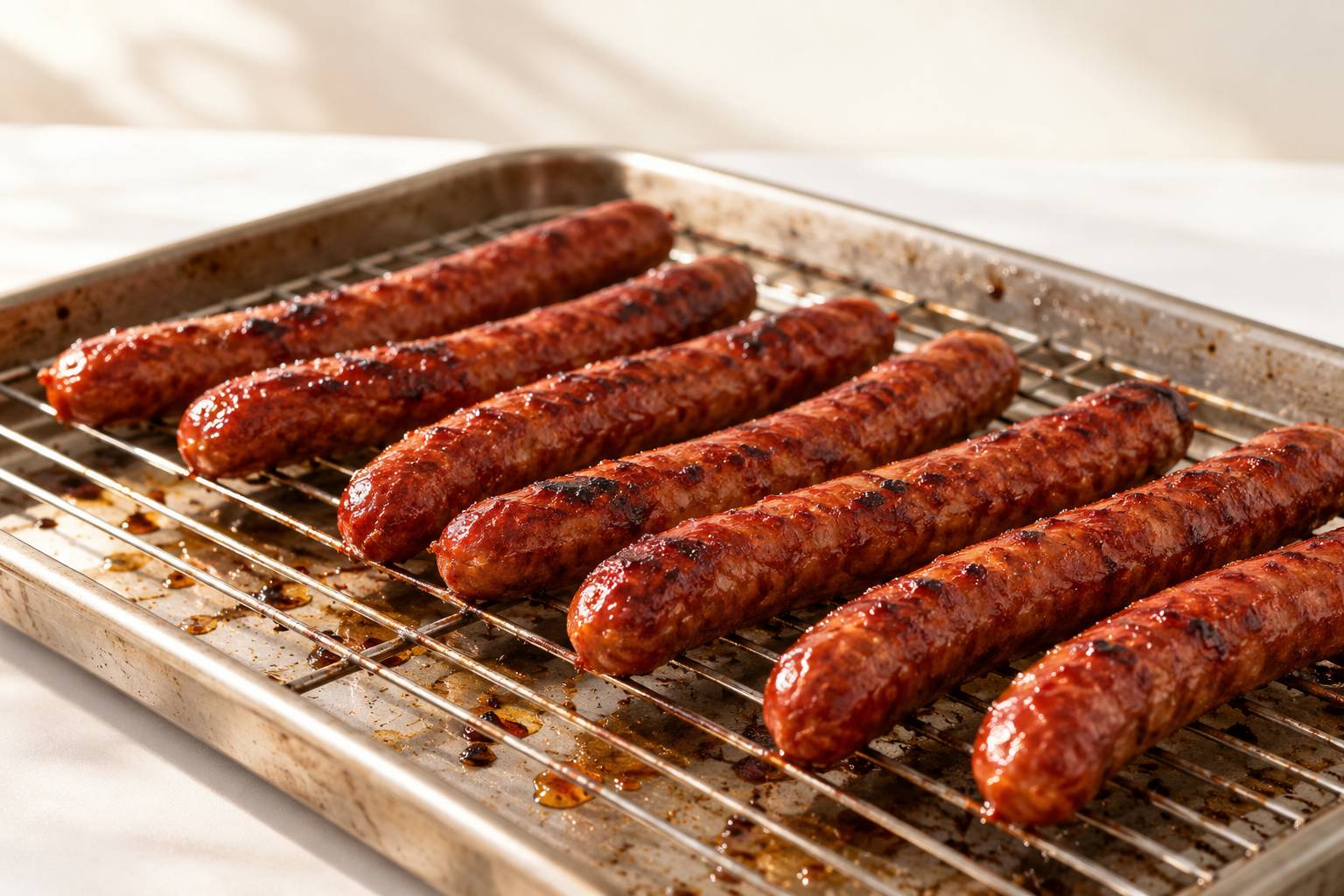 Merguez a mi-cuisson sur une grille de four, faces dorees