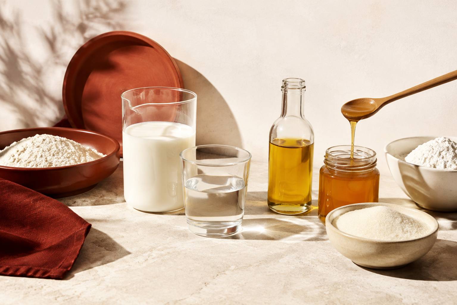 Verre doseur de lait, verre d'eau, huile sans étiquette et miel coulant pour la conversion des mesures
