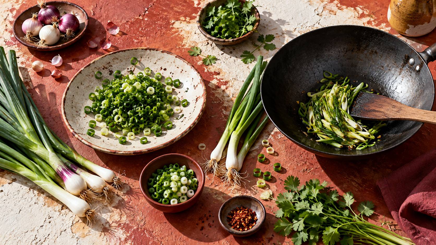 Botte d'oignons verts frais sur une planche en bois avec un couteau