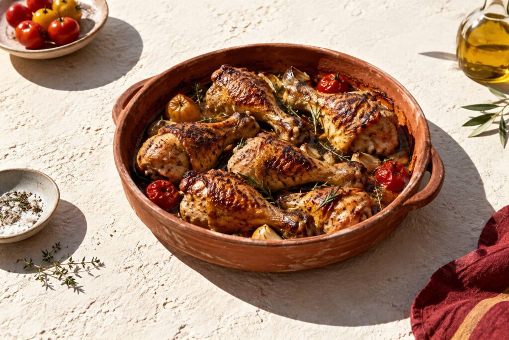 Pilons de poulet rôtis à la peau dorée dans un plat en terre cuite