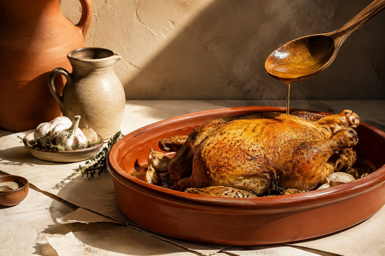 Arrosage d'une pintade rôtie avec son jus de cuisson à la cuillère