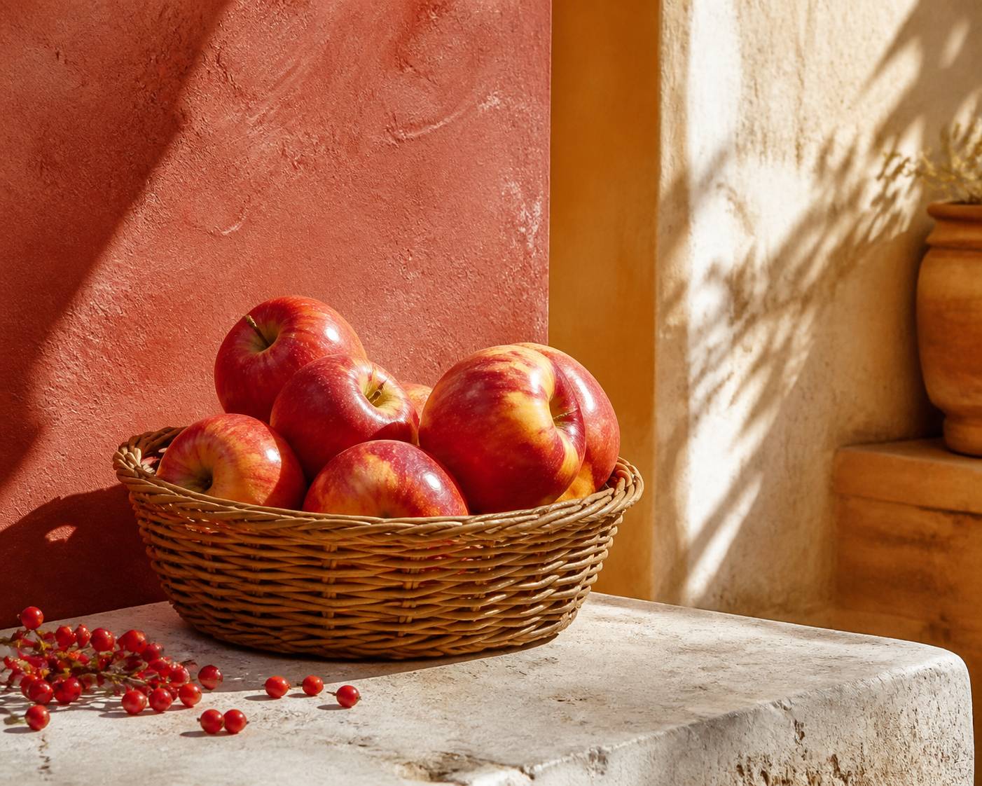 Pommes Elstar rouges et dorées dans une corbeille en osier sur un comptoir de pierre