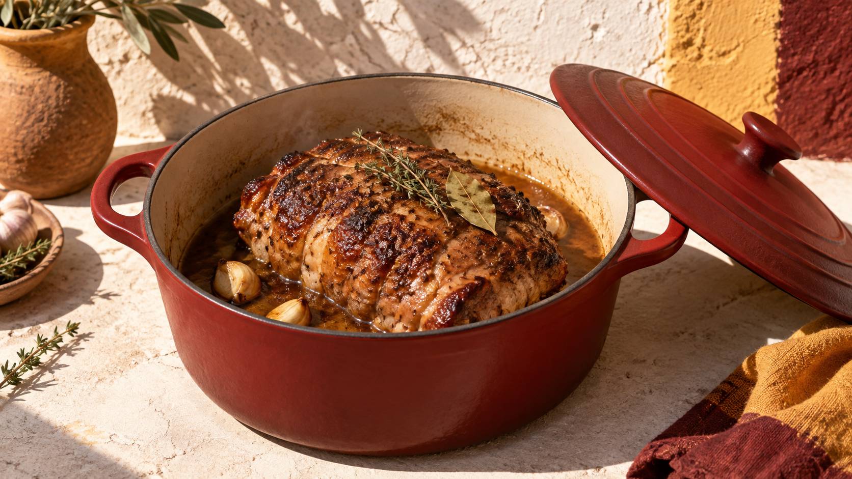 Illustration éditoriale du sujet : Rôti de porc à la cocotte : temps, liquide et coloration