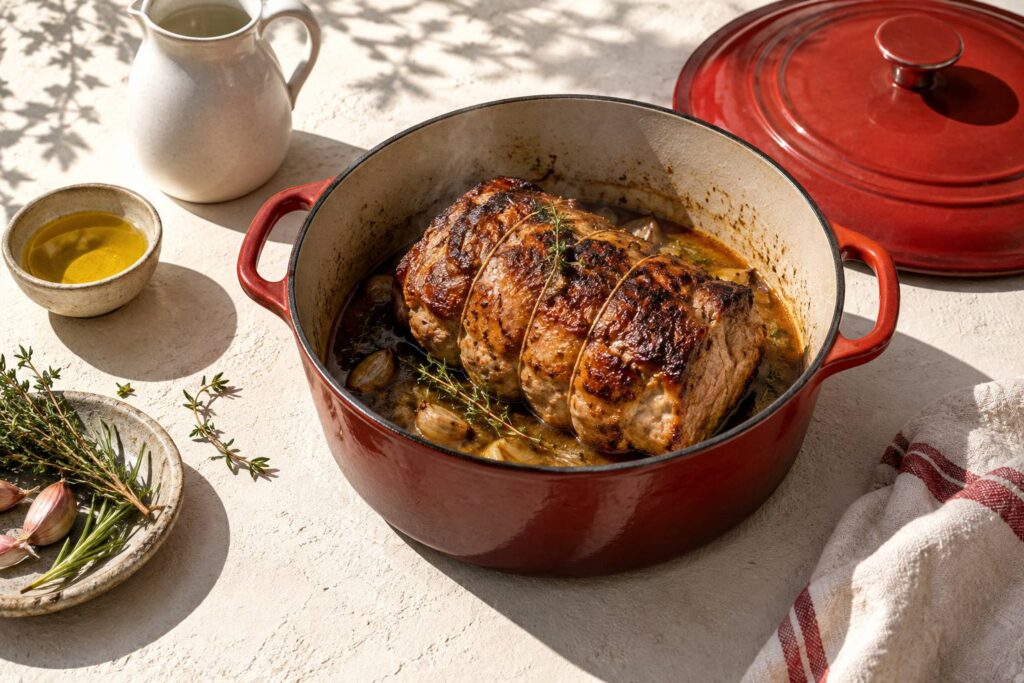 Illustration éditoriale du sujet : Rôti de porc à la cocotte : temps, liquide et coloration