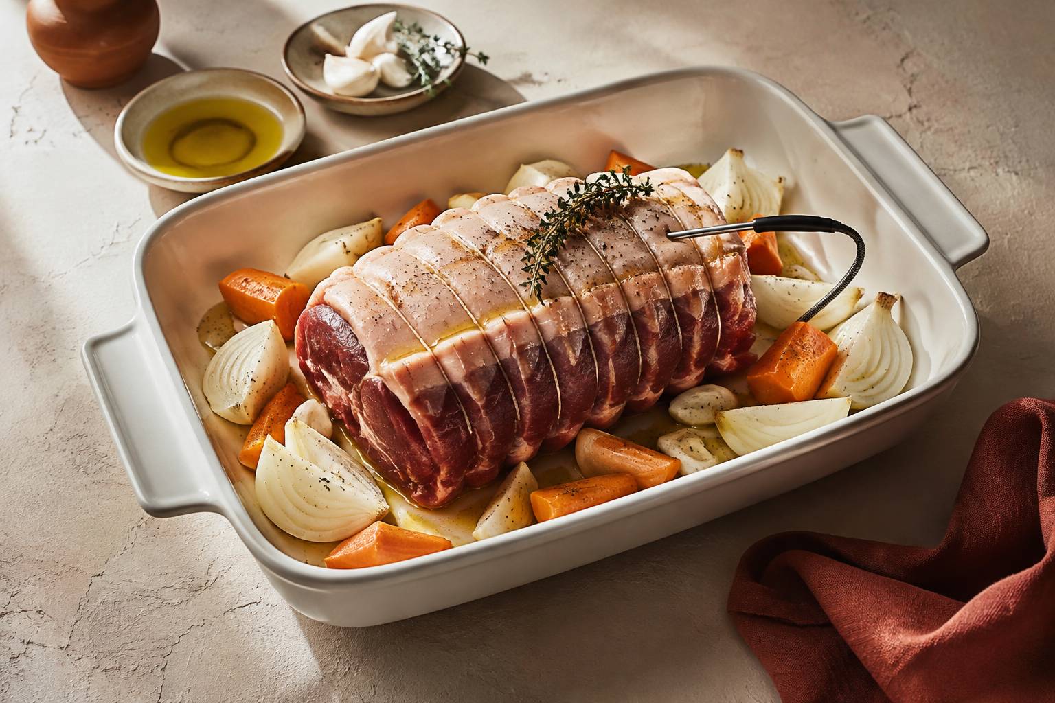 Rôti de porc ficelé dans un plat à four avec légumes et sonde de cuisson