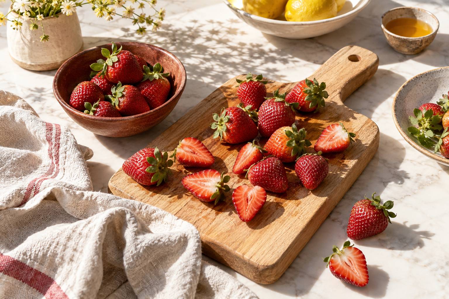 Fraises entières et coupées sur une planche en bois
