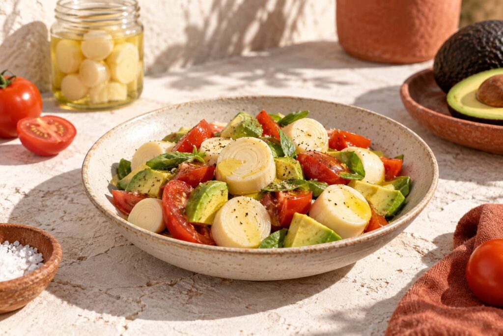 Vue large d'une salade estivale composée de tronçons de cœur de palmier : rondelles blanc ivoire avec tomates,