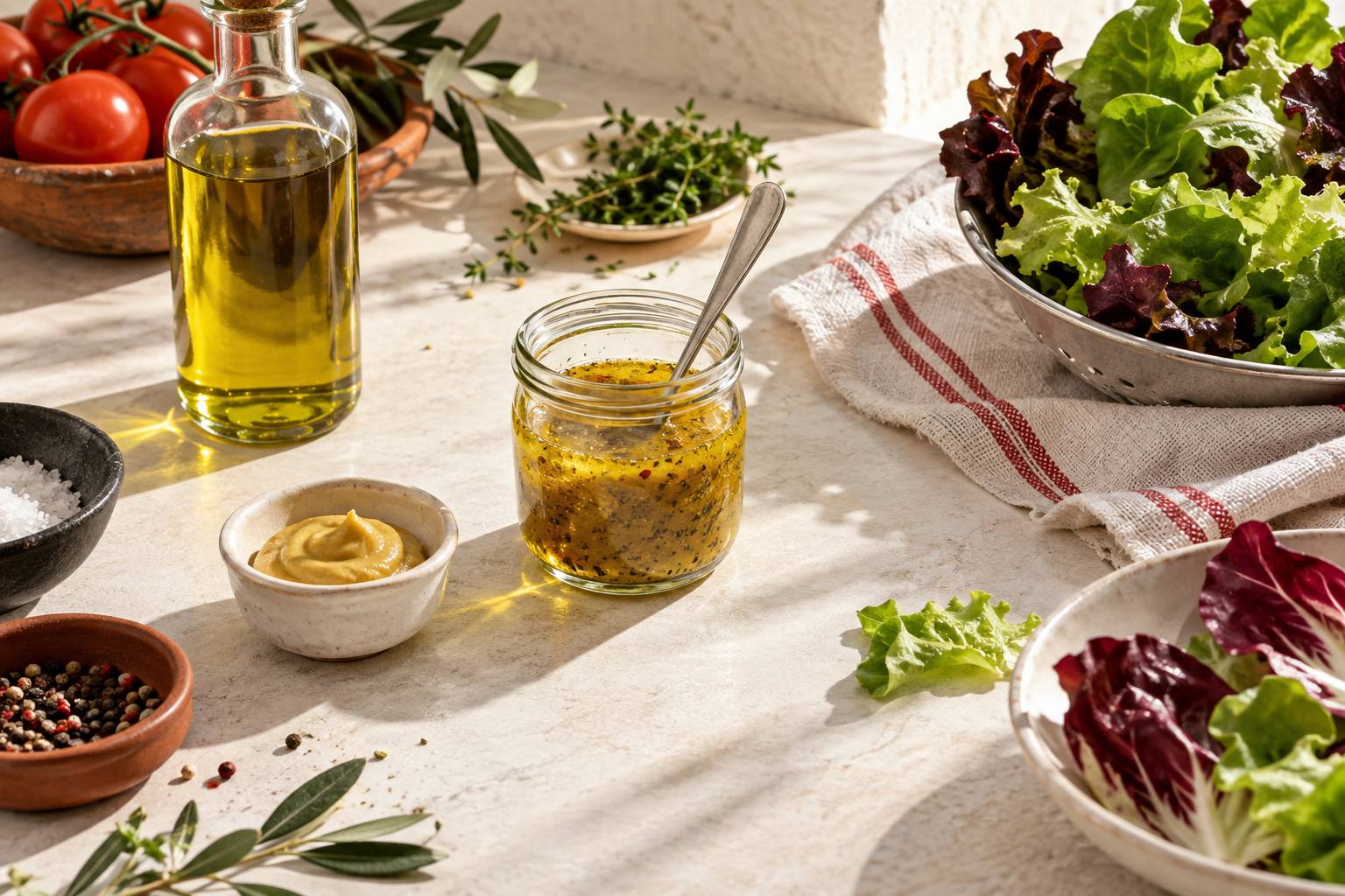 Bocal de vinaigrette et feuilles de salade essorées sur un torchon