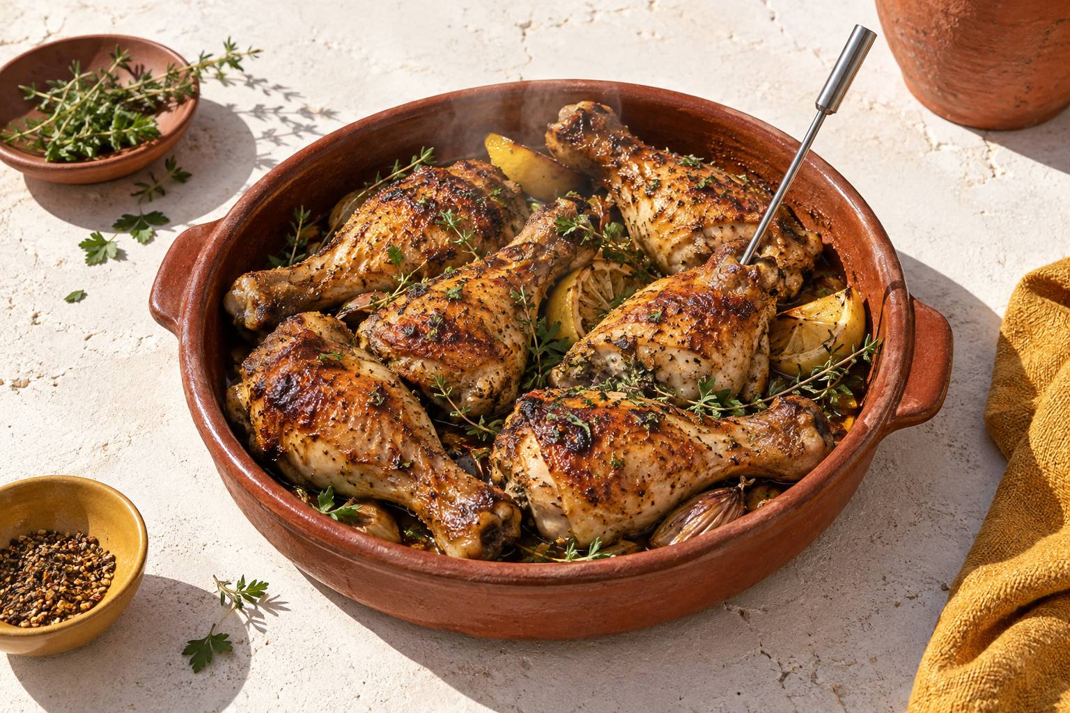 Gros plan sur une sonde de cuisson plantée dans un pilon de poulet doré