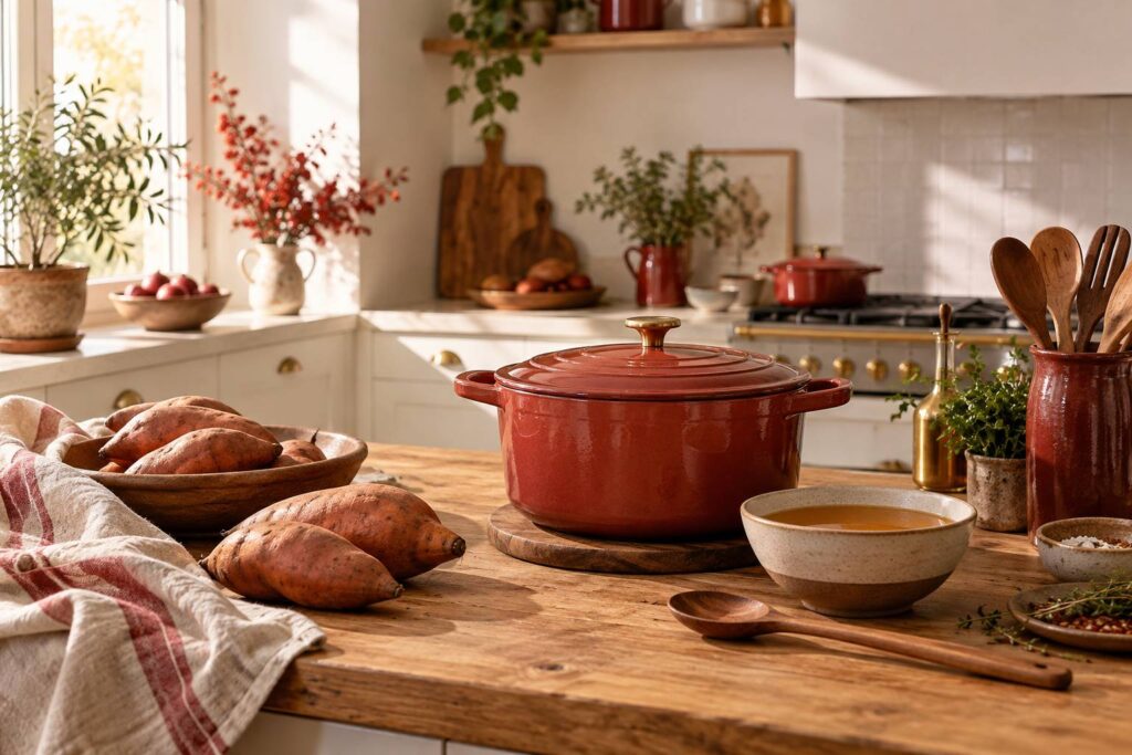 Casserole emaillee et patates douces sur un plan de travail en bois