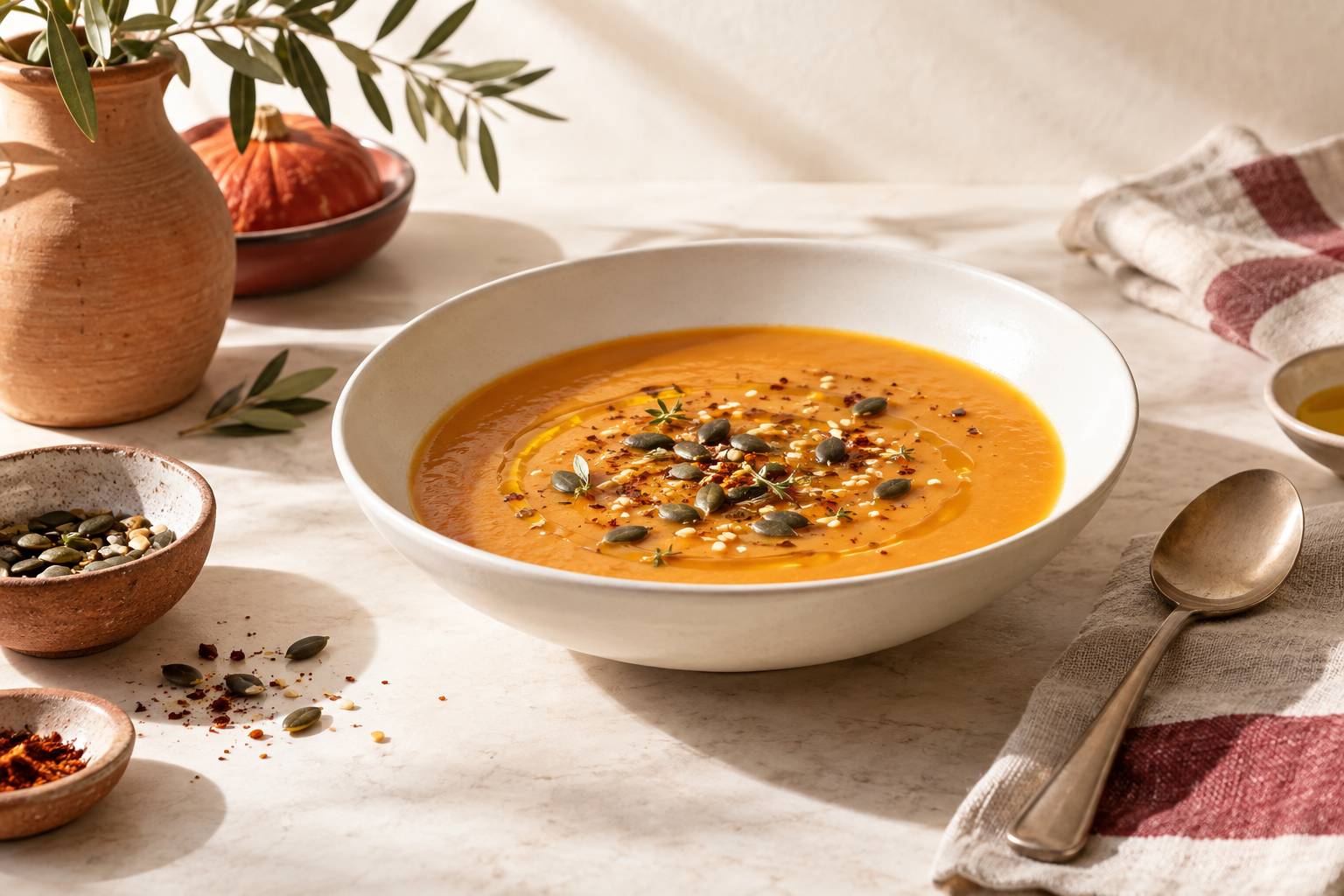 Velouté orangé dans une assiette creuse avec graines et filet d'huile