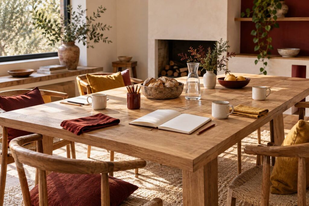 Grande table conviviale avec tasses a cafe, carafe et carnets ouverts