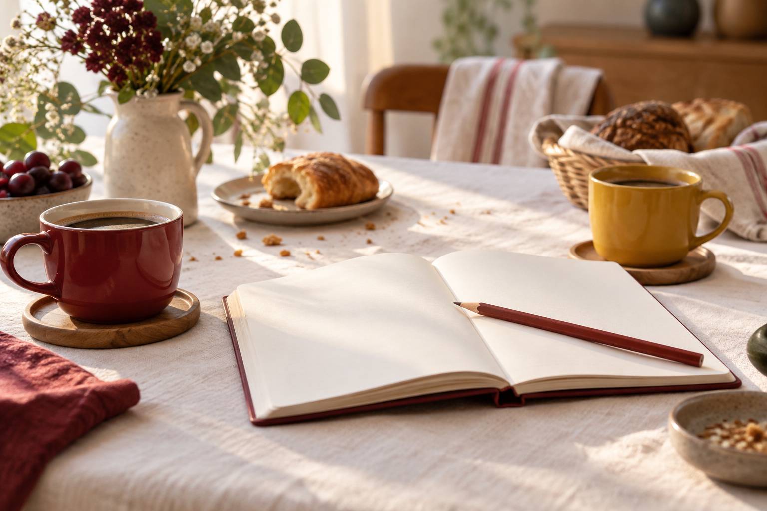 Deux tasses a cafe et un carnet ouvert sur une nappe en coton