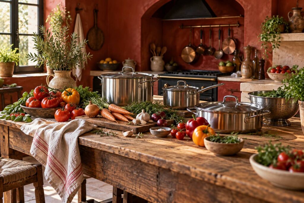 Casseroles et legumes frais sur un plan de cuisine de terroir