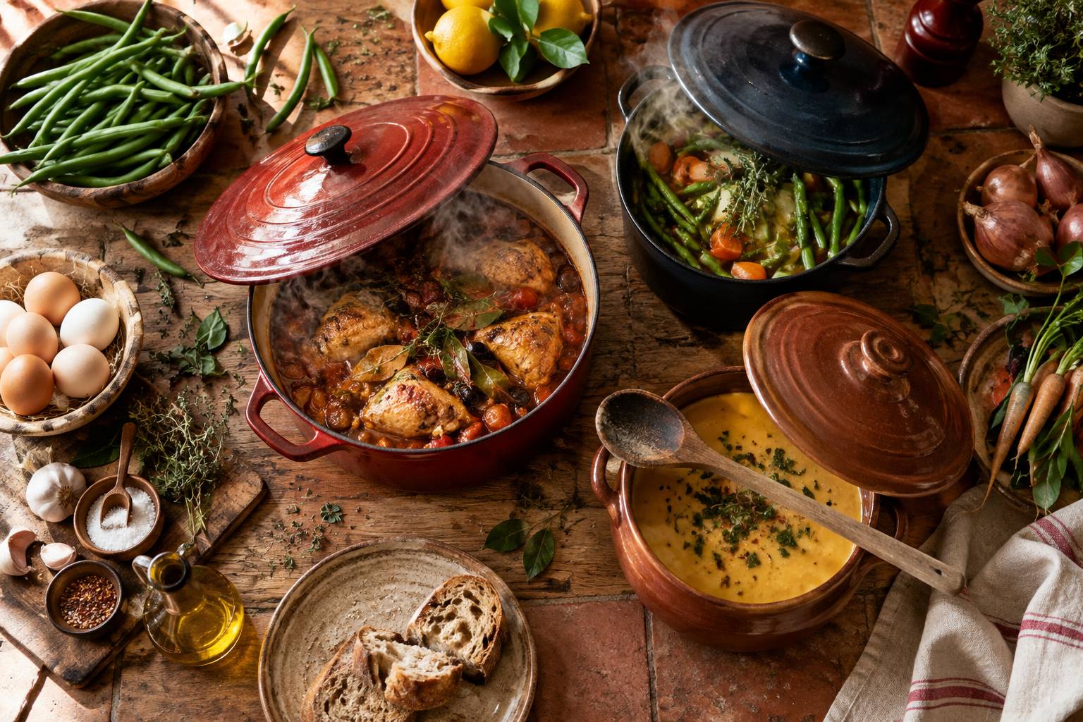 Trois casseroles fremissantes avec cuillere en bois posee en travers