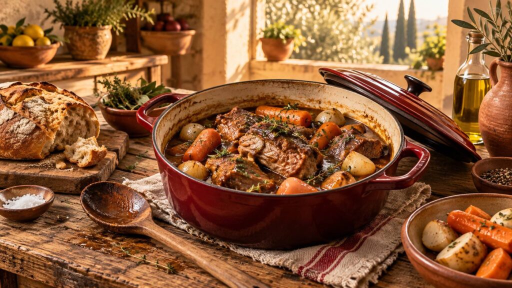 Cocotte en fonte avec tendrons de veau braises et legumes fondants