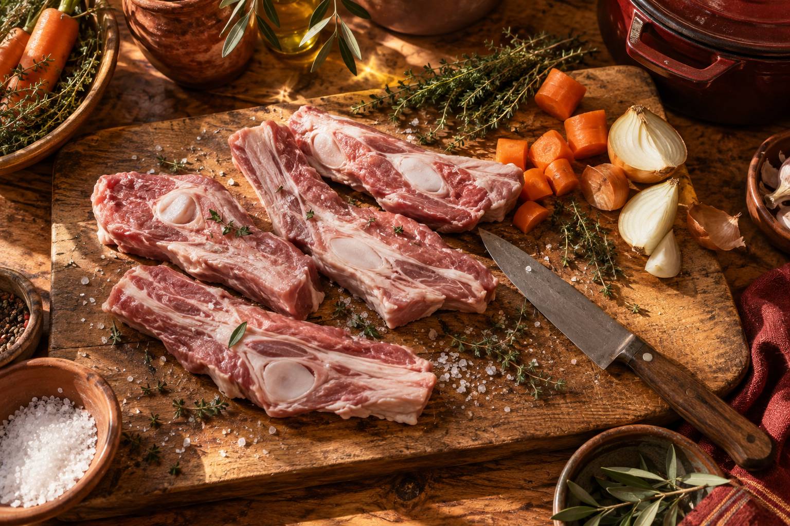 Tranches crues de tendron de veau sur une planche avec aromates