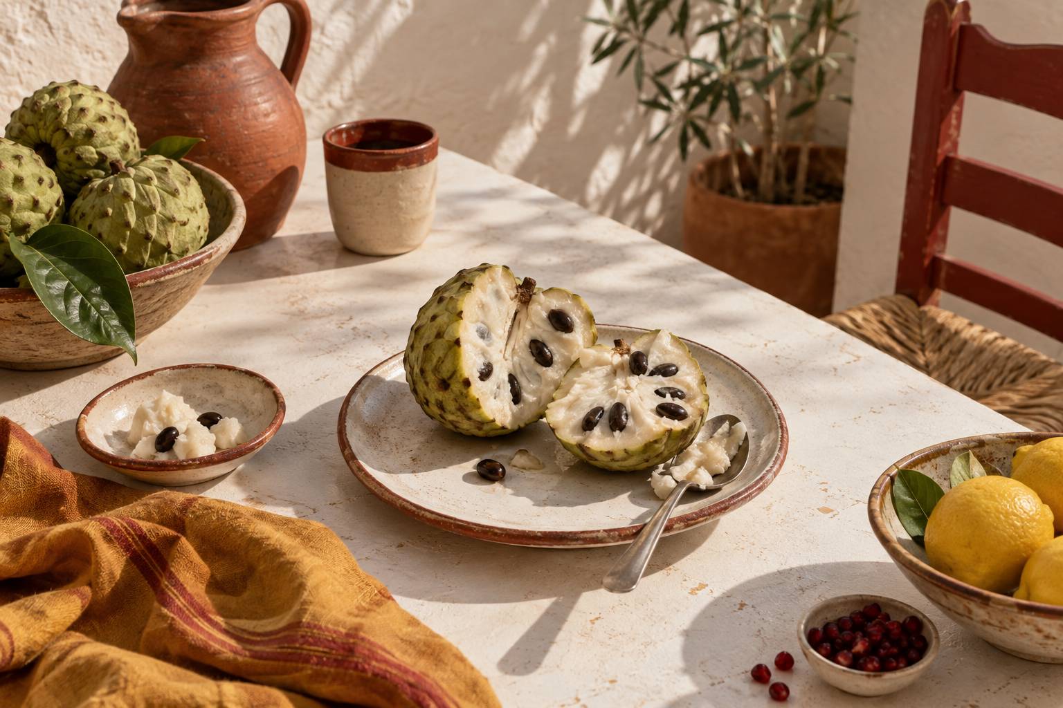 Fruit d'anone ouvert montrant sa chair creme et ses pepins