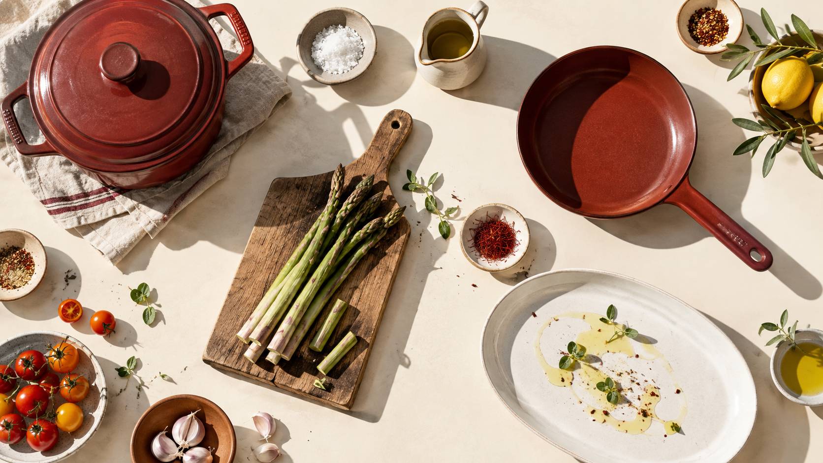 Asperges vertes, faitout et poêle sur un plan de cuisine