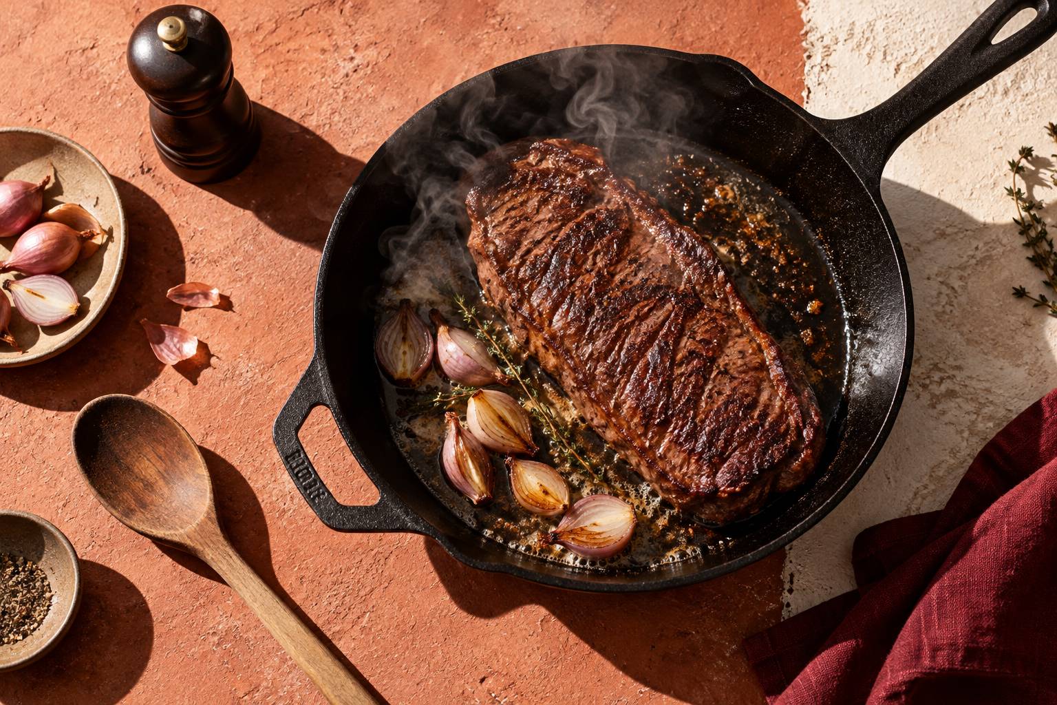 Bavette de bœuf en train de saisir dans une poele avec echalotes