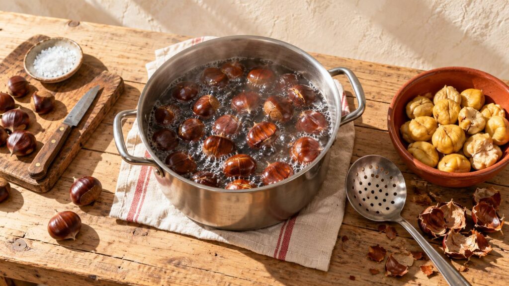 Châtaignes cuisant dans une casserole d'eau frémissante et bol de châtaignes épluchées sur table rustique
