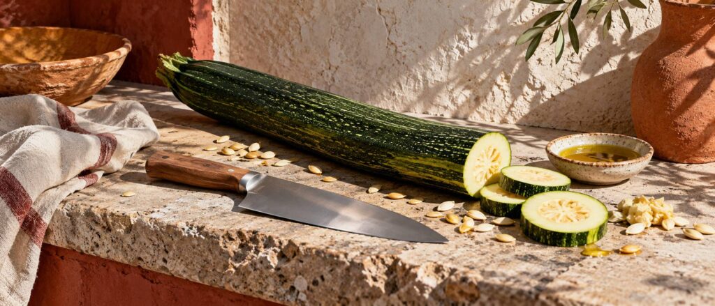 Courge verte allongée entière et tranchée sur plan de travail en pierre avec couteau de chef
