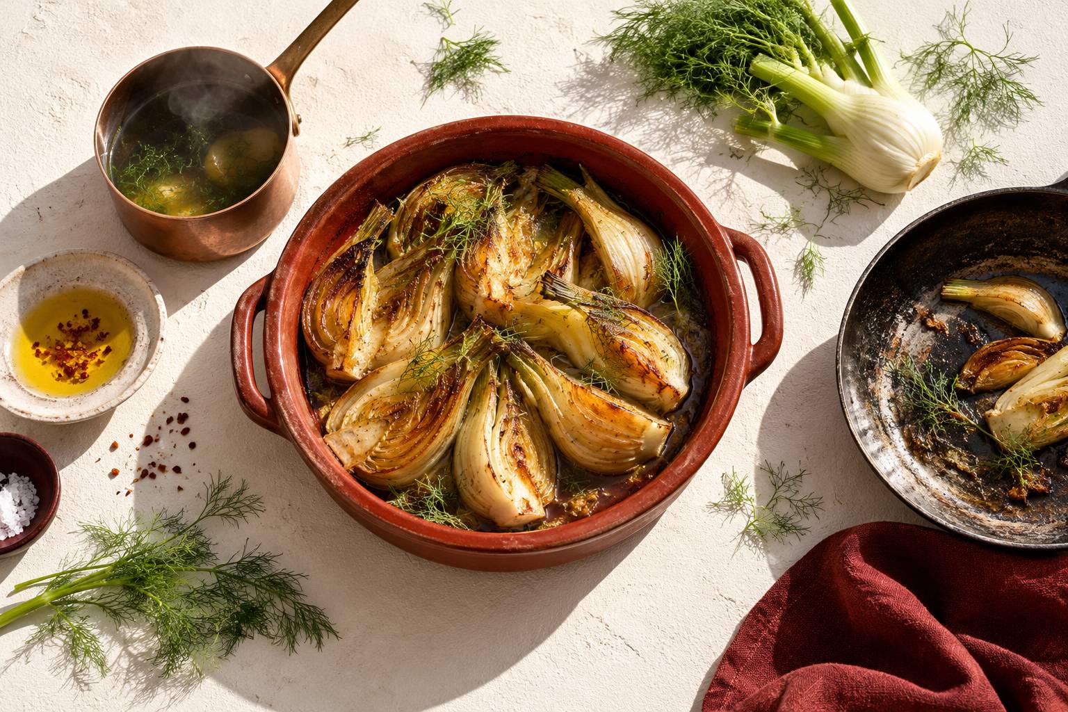 Plat en terre cuite de fenouil braise avec casserole et poele