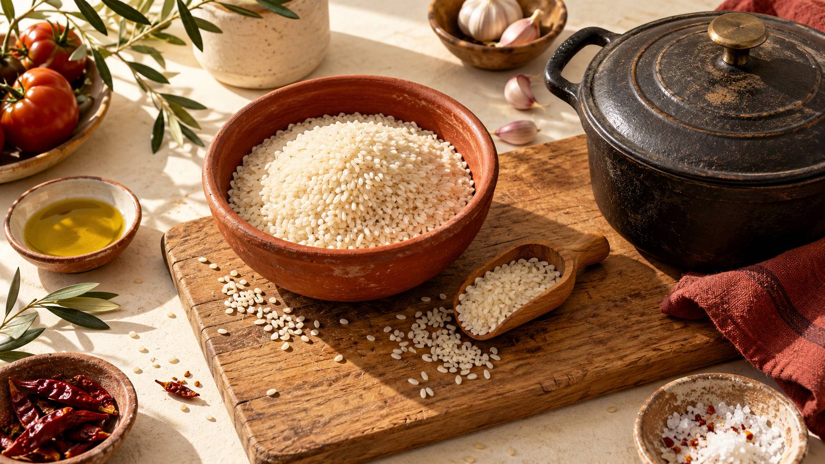 Riz cru dans un bol avec casserole et cuillere en bois