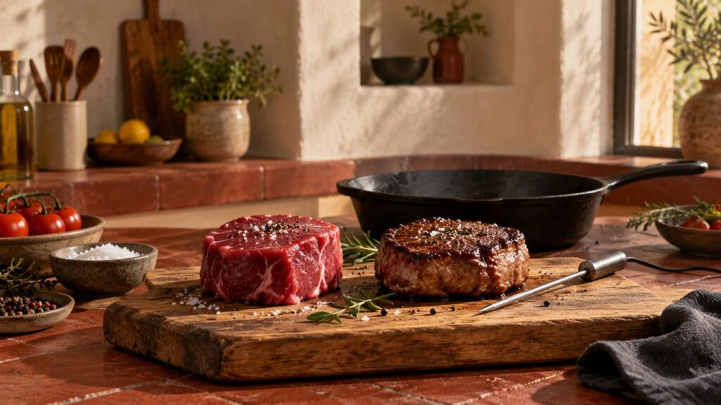 Tournedos de bœuf cru et grillé sur planche avec poêle en fonte et sonde de cuisson