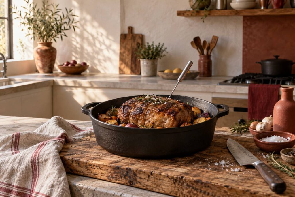 Roti en fonte sur une planche avec thermometre a sonde de cuisson