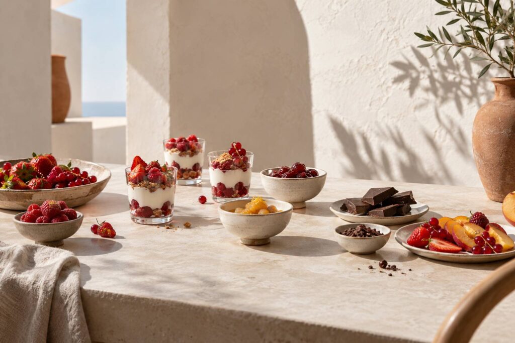 Desserts legers en verrines avec fruits rouges sur une table claire