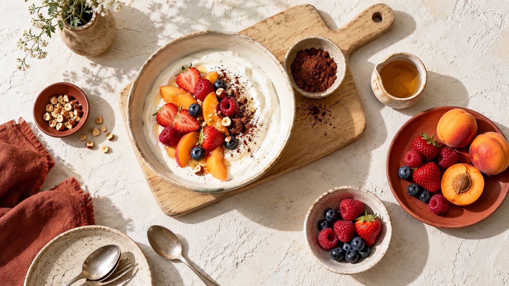 Fromage blanc, fruits frais et cacao poses sur un plan de preparation