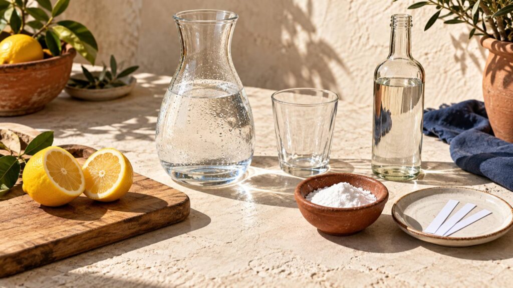 Carafe d'eau, citron coupé et bicarbonate sur un plan de travail clair ensoleillé