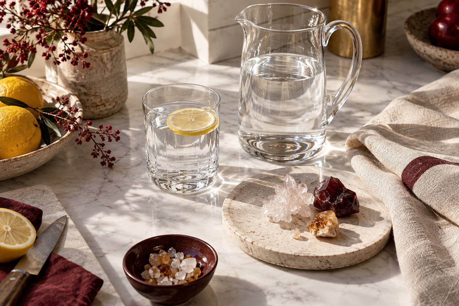 Grand verre d'eau minérale, pichet et citron sur un plateau en pierre