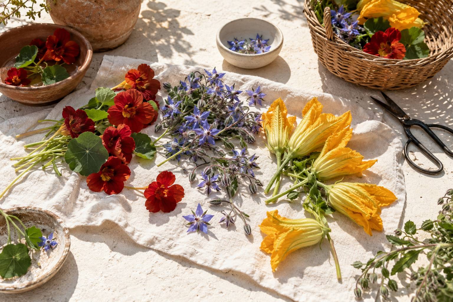 Fleurs comestibles fraîchement cueillies sur un linge clair près d'un panier