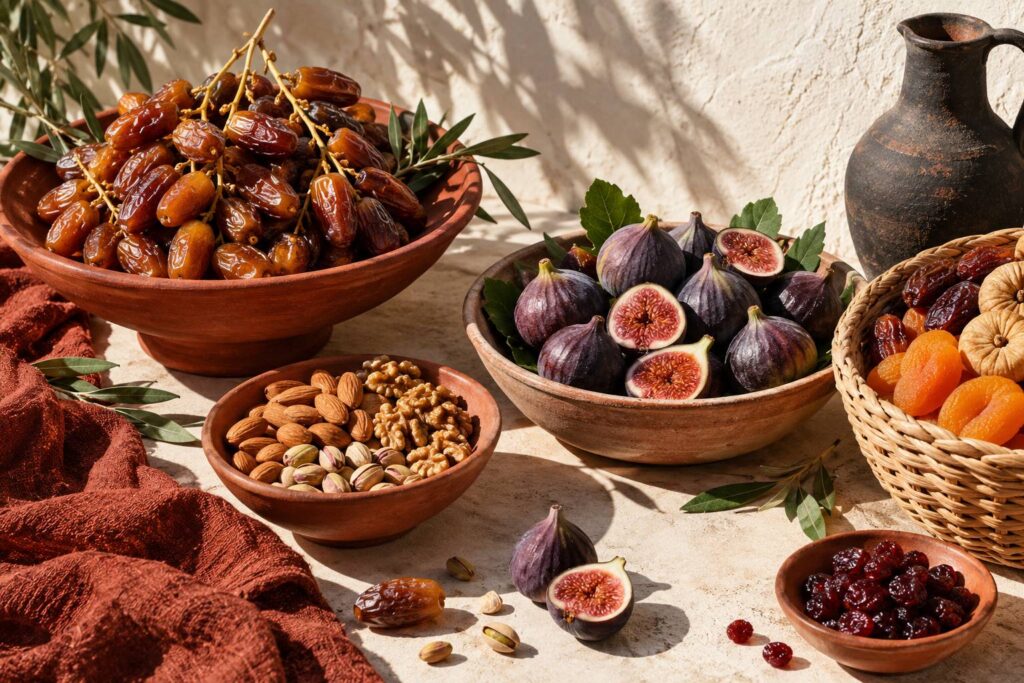 Dattes fraîches et fruits secs dans des coupes en terre cuite sur une table