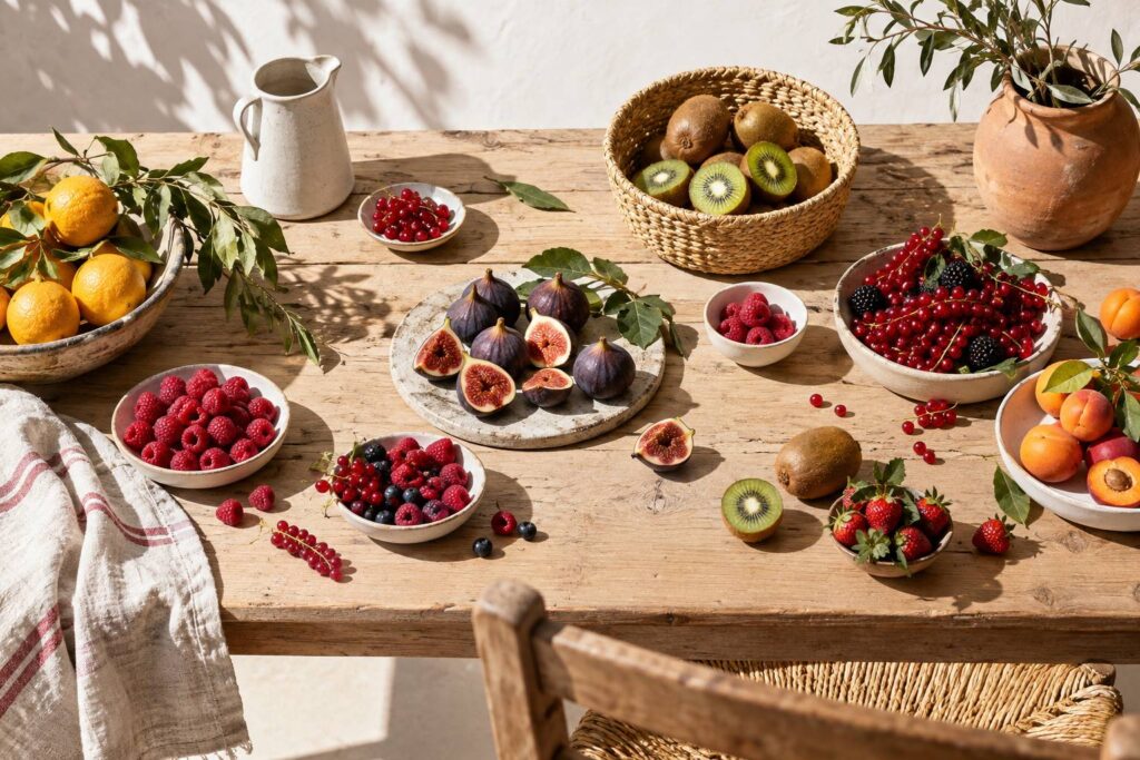 Fruits frais varies dans des paniers sur une table en bois clair