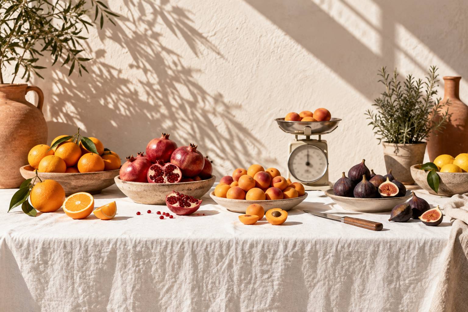 Etal de fruits frais et balance de cuisine sur une nappe claire