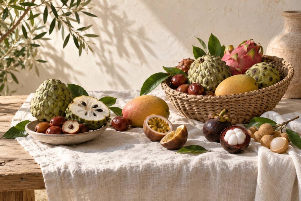 Fruits exotiques entiers variés dans une corbeille en osier sur une table en bois clair