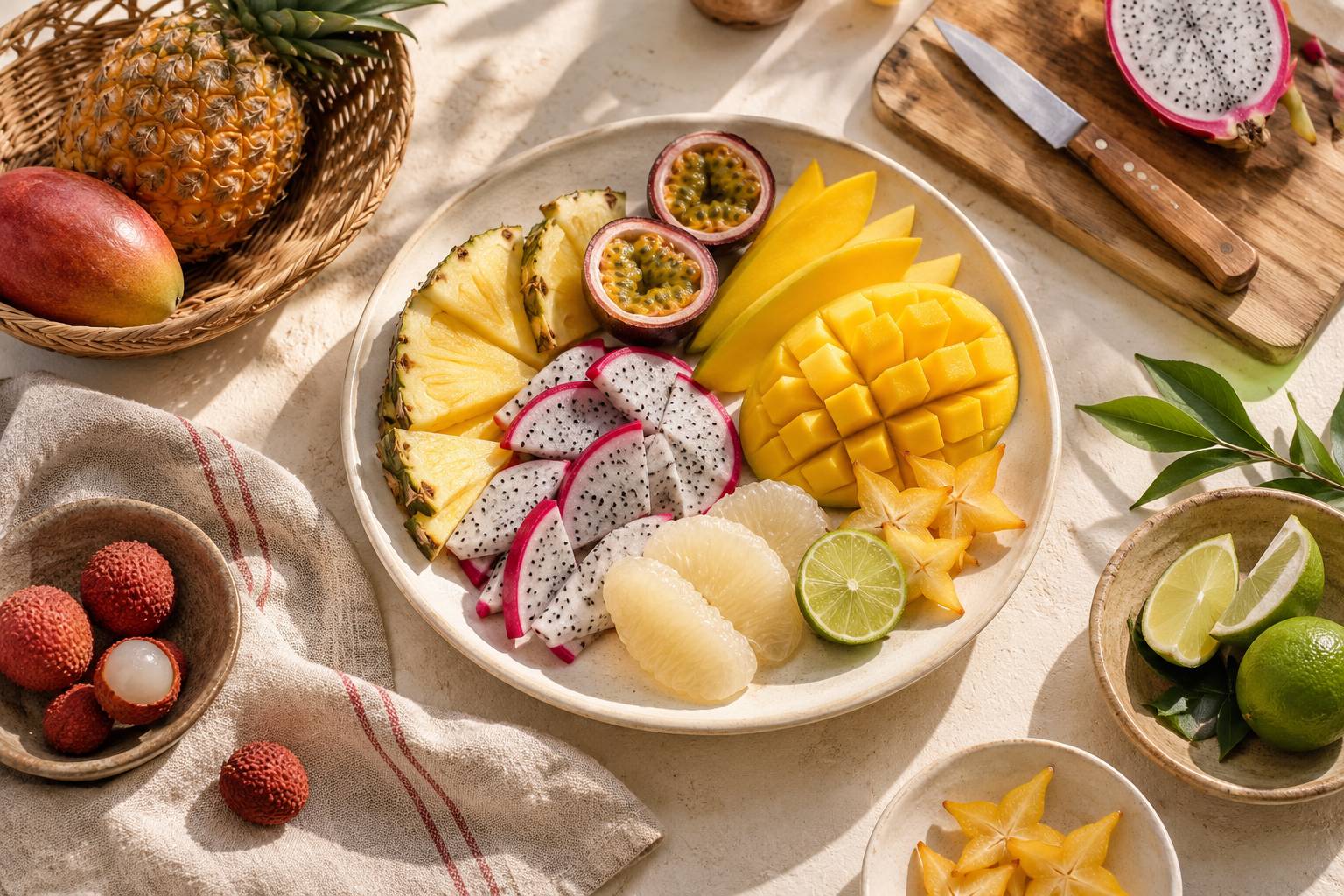 Fruits exotiques tranchés sur une planche en bois avec une assiette claire