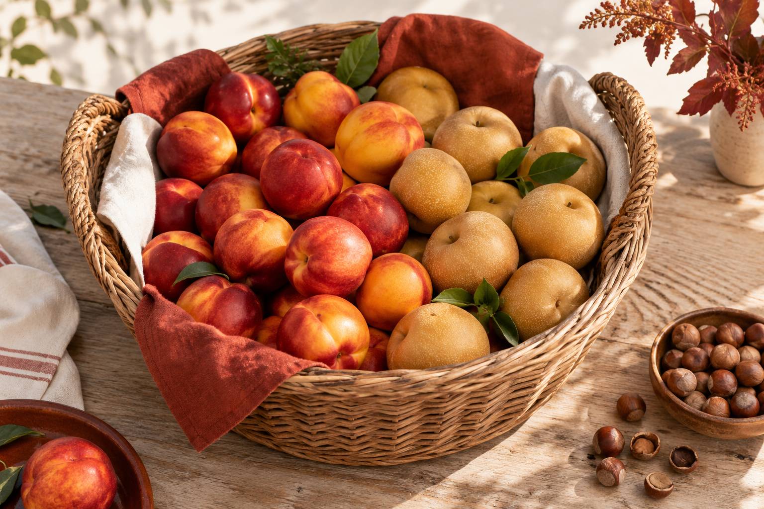 Panier d'osier de nectarines et poires nashi sur un comptoir en bois clair